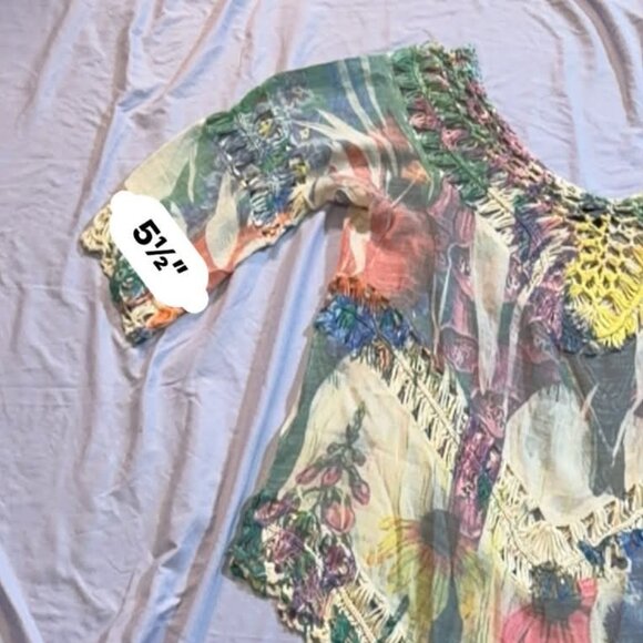 Dor Dor Couture Beach coverup / colorful crochet trimmed top / 3/4 sleeves XL - Picture 12 of 15